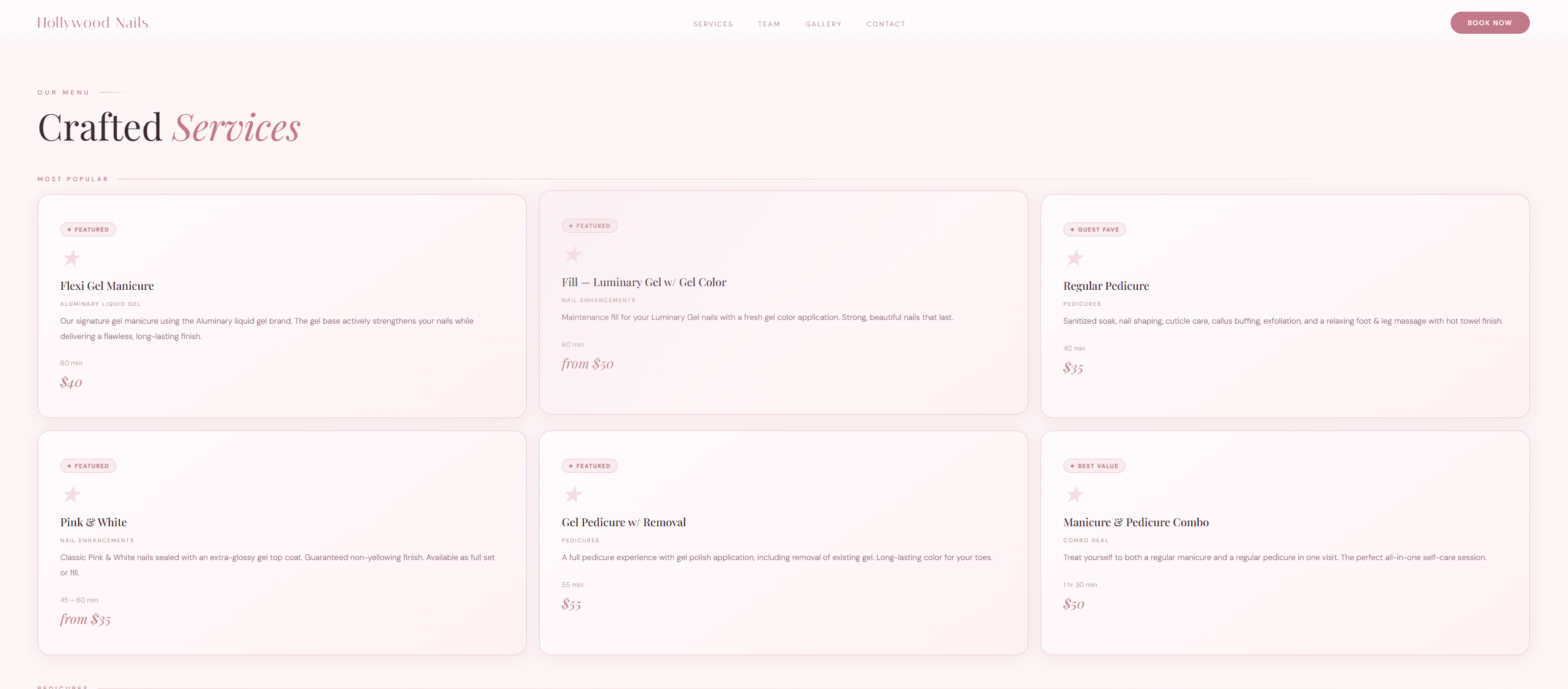 Hollywood Nails services page — nail salon website by Buildimus